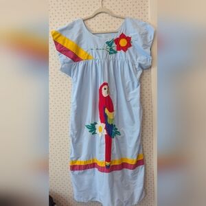 💙 Vintage Colorful Parrot Midi Dress Handmade Hippie Boho 1970's